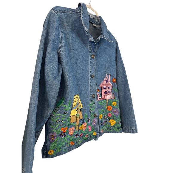 The Tog Shop Denim Button Jacket Shirt Petite Medium Women Stitched Birdhouse - Picture 3 of 8